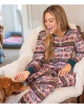New Natural Life Fleece One Piece Pajamas Fair Isle Zip Up Boho Medium